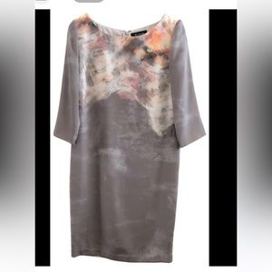 St. John 4 watercolor gray and pastel floral silk dress